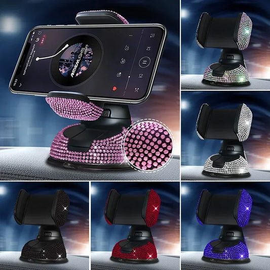 SUNCARACCL Bling Car Phone Holder, 360°Adjustable Crystal Auto Phone Mount Universal Rhinestone Car Stand Phone Holder Car Accessories for Windshield Dashboard and Air Outlet (Black)