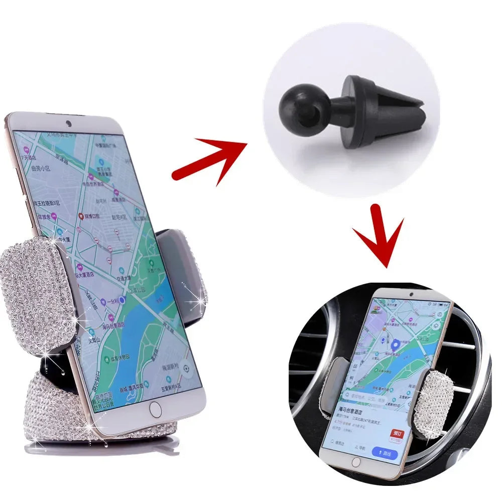 SUNCARACCL Bling Car Phone Holder, 360°Adjustable Crystal Auto Phone Mount Universal Rhinestone Car Stand Phone Holder Car Accessories for Windshield Dashboard and Air Outlet (Black)